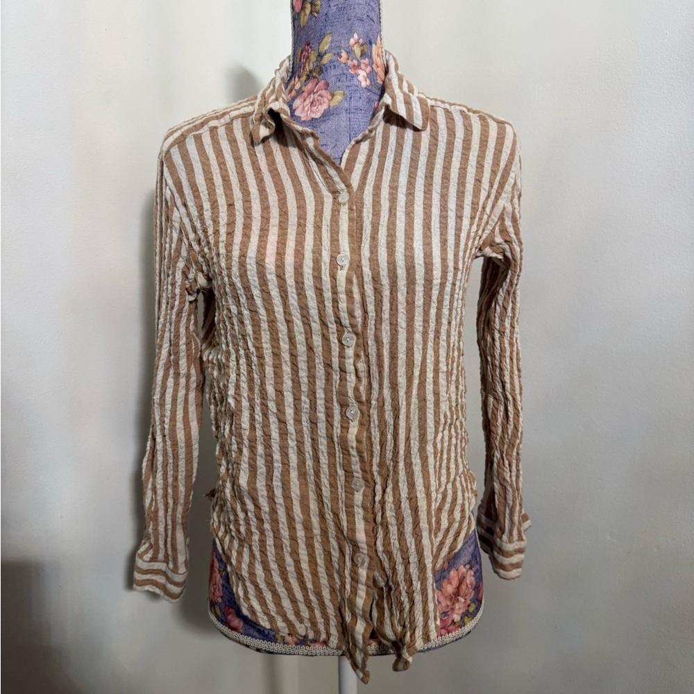 Jane and Delancey Tan and White Striped Button-Down Shirt